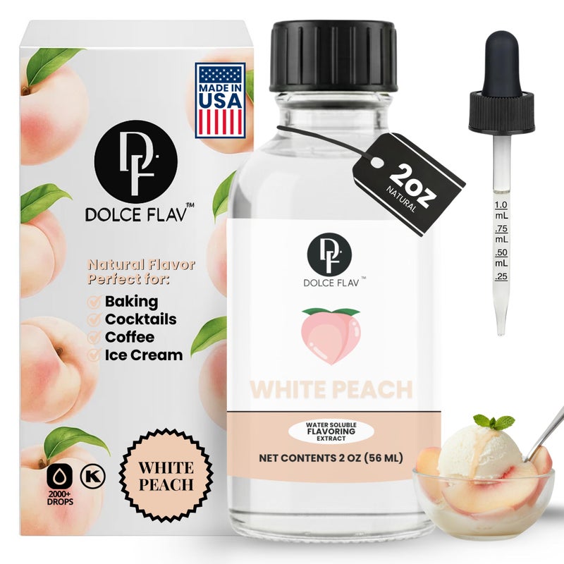 Dolce Flav Natural White Peach Extract 2 oz - Kosher, Sugar-Free, Concentrated Sweet White Peach Flavoring for Beverages, Desserts & Baking, Includes Measured Dropper - Image 1
