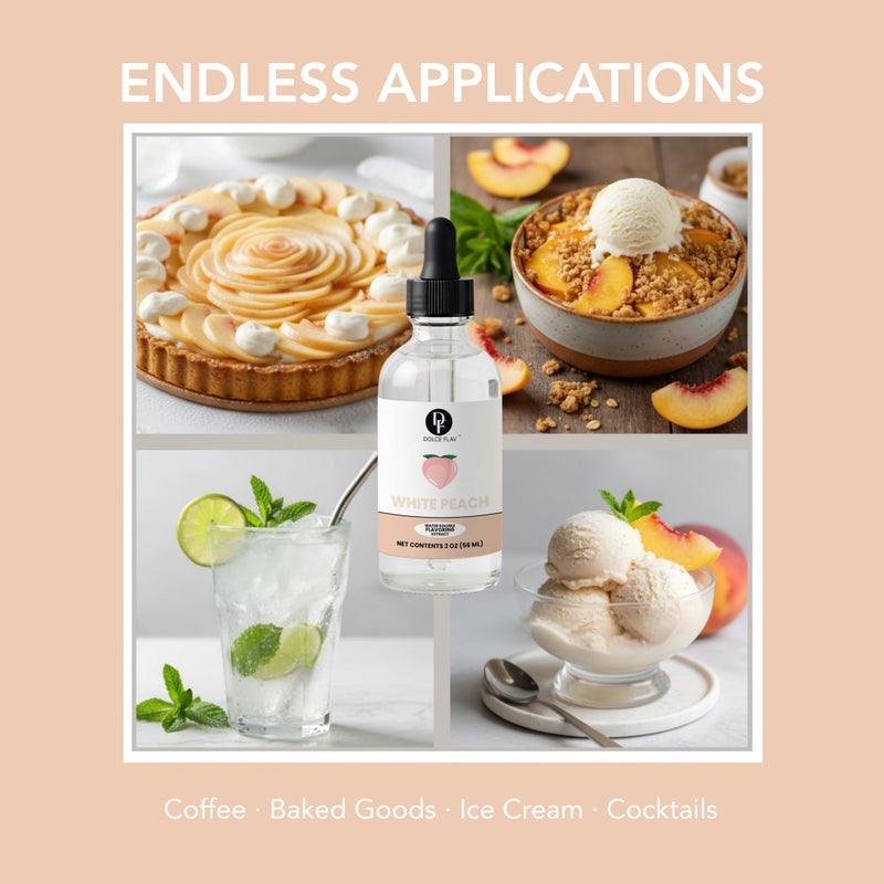 Dolce Flav Natural White Peach Extract 2 oz - Kosher, Sugar-Free, Concentrated Sweet White Peach Flavoring for Beverages, Desserts & Baking, Includes Measured Dropper - Image 4