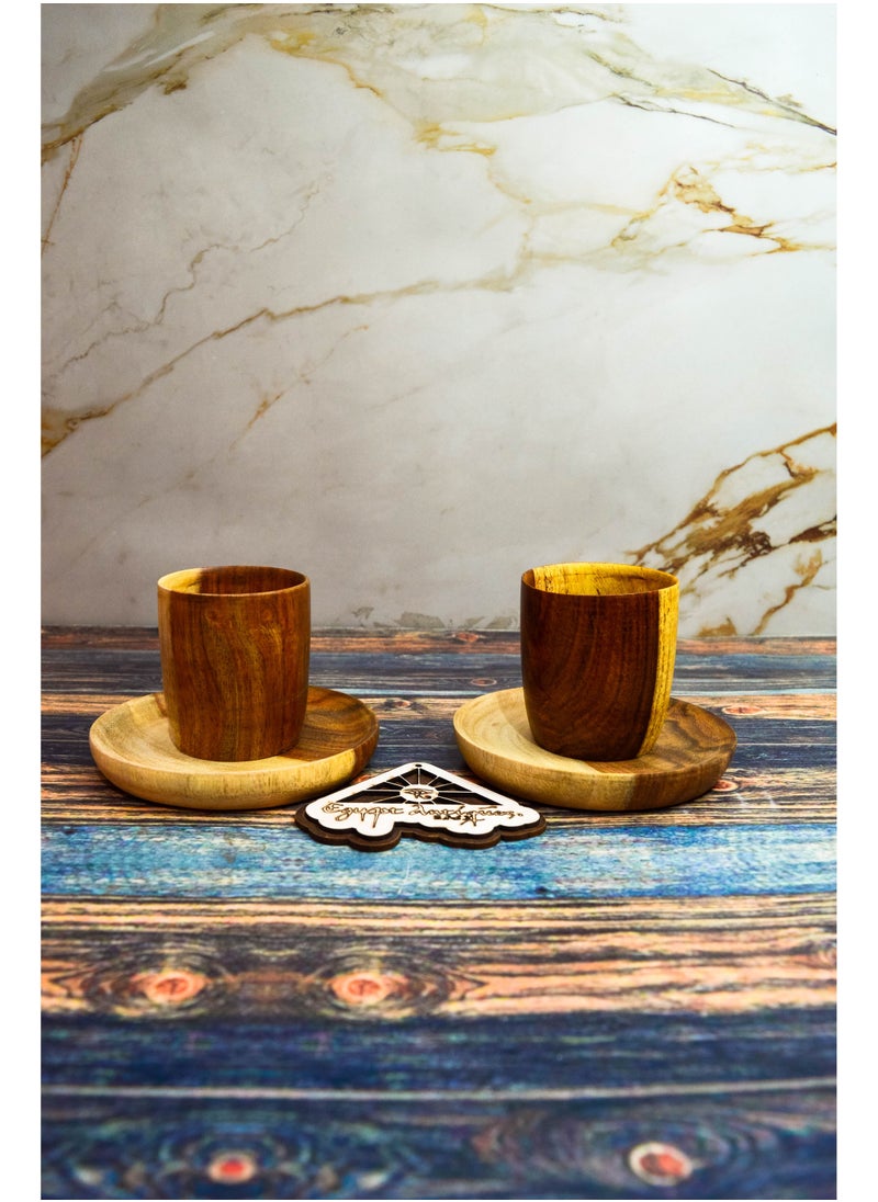 Egypt Antiques - Wooden coffee cup + plate Handmade from healthy wood 100% natural colors from the heart of the tree - Image 1