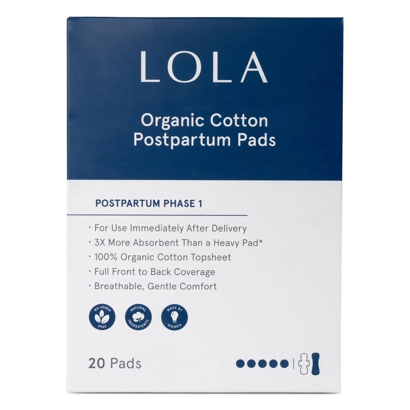 LOLA Organic Cotton Postpartum Pads - 20 Count, Ultra Absorbent and Extra Long Pads, Overnight and Full Coverage, Adult Incontinence Pad for Women, Postpartum Essentials - Image 1