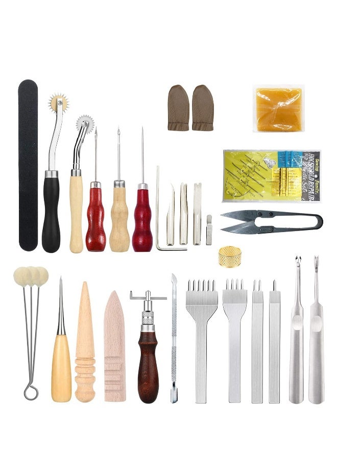 Leather Crafting Tools and Supplies: 26 Pieces Leather Working Tools Set with Groover Awl Waxed Thread Thimble Kit for Stitching Punching Cutting Sewing Leather Craft Making - Image 1