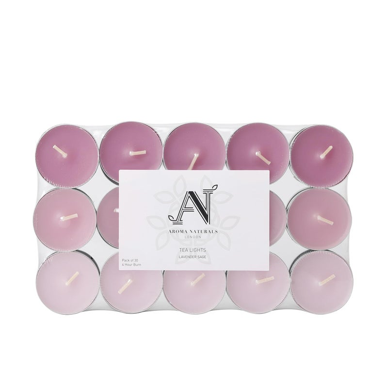 Aroma Naturals 30 Tea-Lights Pack Scented, Lavender SageScented | Burn Time - 4hrs each | Great for any occasion- Home, Spa, Celebrations or Romantic ambience - Image 1
