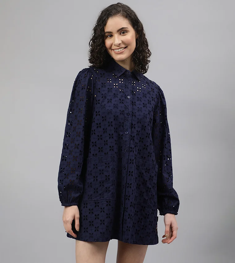 بيفرلي هيلز بولو كلوب فستان قميص قصير قطني نقي مطرز بالزهور