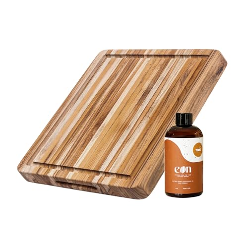 Teakhaus Carving Board and EON Cutting Board Oil Set - Small (S) Teak Wood Cutting Board with Juice Canal & Food-Grade Mineral Oil - 16”L x 12”W x 1.5” Thick - FSC Certified - Image 1