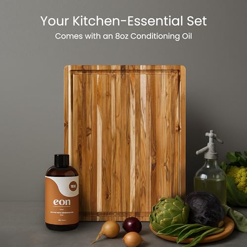 Teakhaus Carving Board and EON Cutting Board Oil Set - Small (S) Teak Wood Cutting Board with Juice Canal & Food-Grade Mineral Oil - 16”L x 12”W x 1.5” Thick - FSC Certified - Image 2