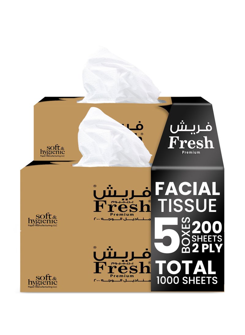 SNH Packing Fresh Facial Tissue Box Pack of 5, 200 Sheets x 2 Ply Each, Total 1000 Sheets - Image 1