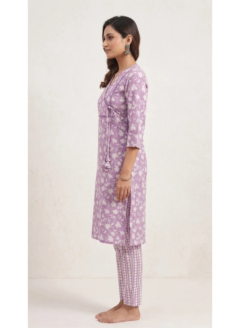 THUGFIT  Women's Pure Cotton Floral Print Angrakha Kurta with Lace Details for Women | Best Price UAE