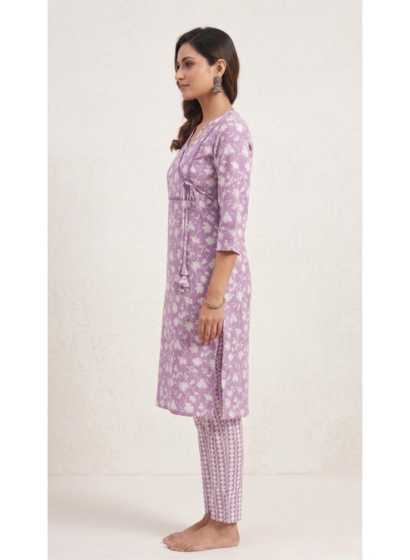 THUGFIT Women's Pure Cotton Floral Print Angrakha Kurta with Lace Details - Image 4