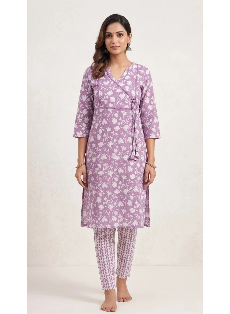 THUGFIT  Women's Pure Cotton Floral Print Angrakha Kurta with Lace Details for Women | Best Price UAE