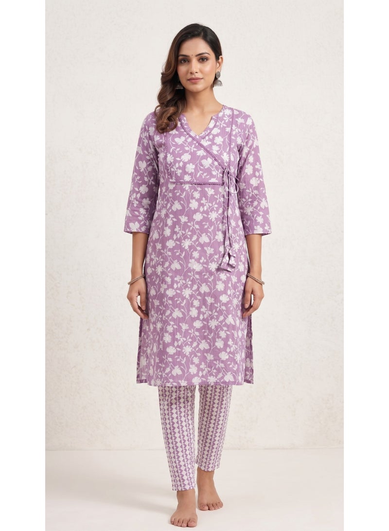 THUGFIT Women's Pure Cotton Floral Print Angrakha Kurta with Lace Details - Image 3