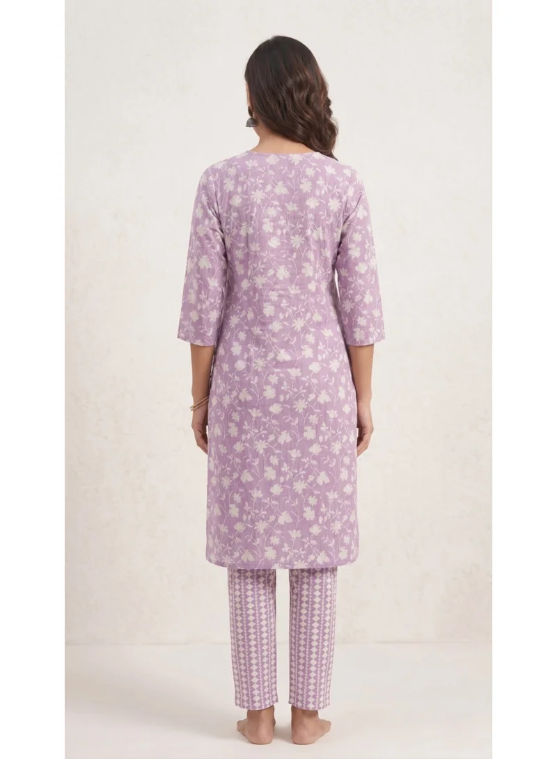 THUGFIT  Women's Pure Cotton Floral Print Angrakha Kurta with Lace Details for Women | Best Price UAE