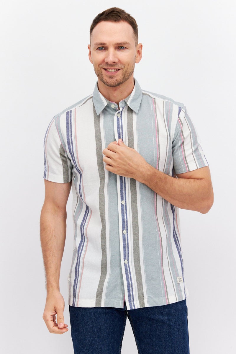 ESPRIT قميص رجالي عادي بقصة مريحة بأكمام قصيرة مخطط، أخضر - Image 1