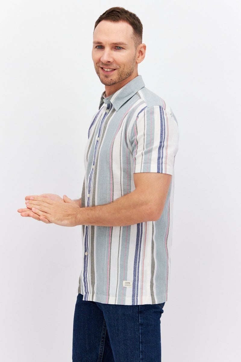 ESPRIT قميص رجالي عادي بقصة مريحة بأكمام قصيرة مخطط، أخضر - Image 3