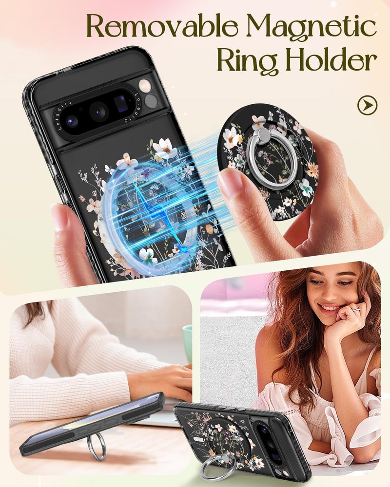 Lotadilo Cute for Google Pixel 8 Pro Case - Compatible with Magsafe Magnetic Ring Holder Stand Kickstand for Women Girls Girly Funny Fashion Pretty TPU Phone Covers Dried Flower Design - Image 4