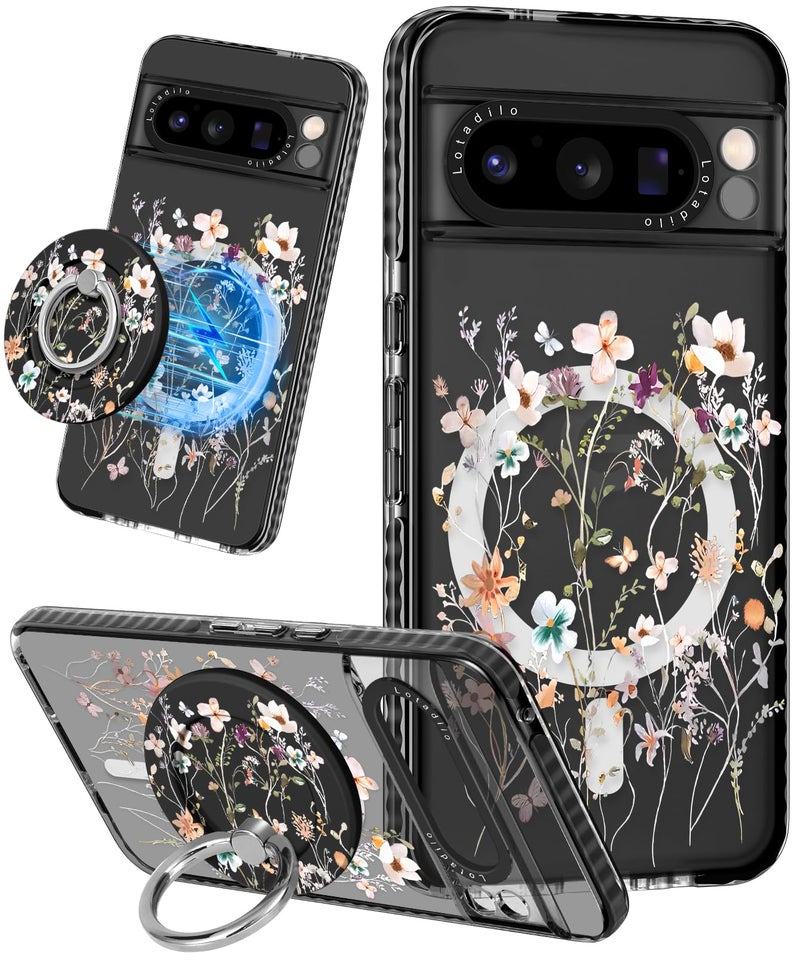 Lotadilo Cute for Google Pixel 8 Pro Case - Compatible with Magsafe Magnetic Ring Holder Stand Kickstand for Women Girls Girly Funny Fashion Pretty TPU Phone Covers Dried Flower Design - Image 1