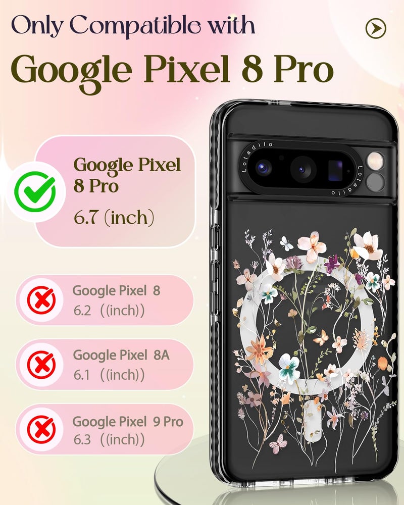 Lotadilo Cute for Google Pixel 8 Pro Case - Compatible with Magsafe Magnetic Ring Holder Stand Kickstand for Women Girls Girly Funny Fashion Pretty TPU Phone Covers Dried Flower Design - Image 2