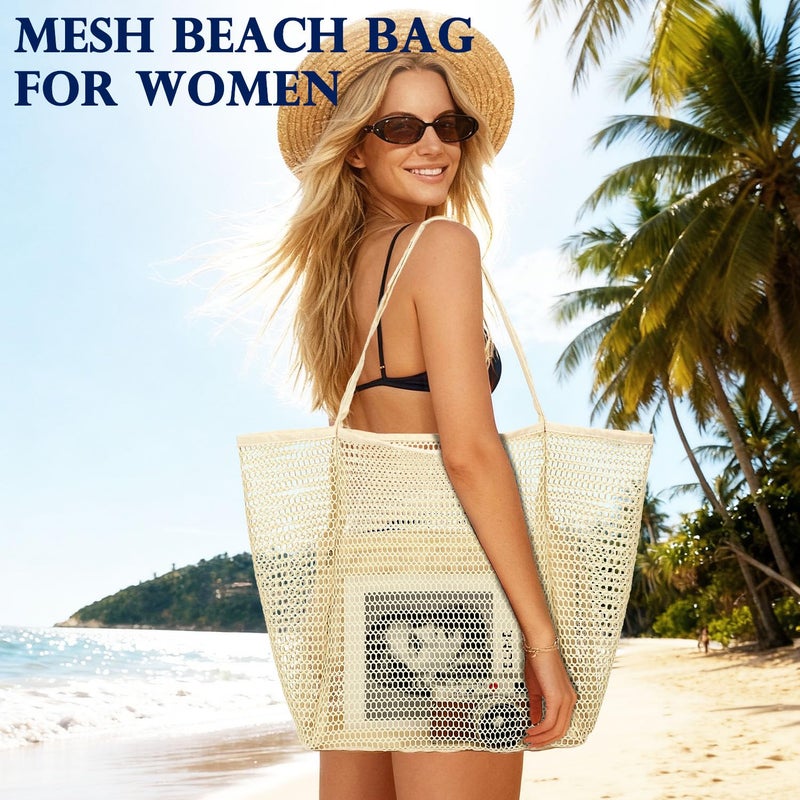 Fammart Mesh Beach Bag for Women, Casual Hobo Bags Large Beach Tote for Pool Travel Cruise Vacation Essentials, Simple Modern - Beige - Image 2