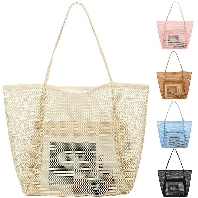 Fammart Mesh Beach Bag for Women, Casual Hobo Bags Large Beach Tote for Pool Travel Cruise Vacation Essentials, Simple Modern - Beige - Image 1