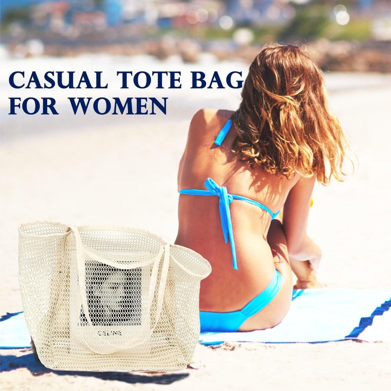 Fammart Mesh Beach Bag for Women, Casual Hobo Bags Large Beach Tote for Pool Travel Cruise Vacation Essentials, Simple Modern - Beige - Image 3