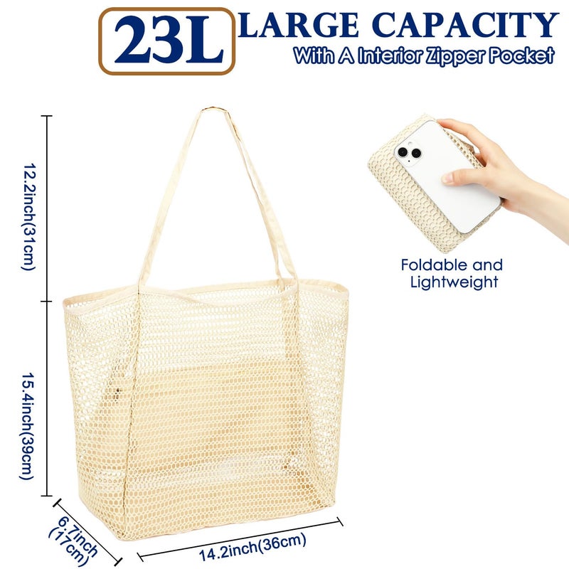 Fammart Mesh Beach Bag for Women, Casual Hobo Bags Large Beach Tote for Pool Travel Cruise Vacation Essentials, Simple Modern - Beige - Image 4