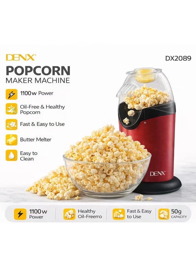 Denx Hot Air Popcorn Maker 1100W – Oil-Free Popcorn Machine,Healthy Snack Maker, Fast 2-3 Minute Popping, Electric Popcorn Popper for Home, Red - Image 2