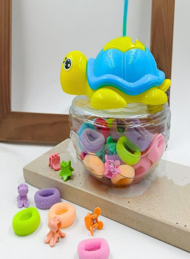 FHF Kids Hair Accessories | Small Hair Clips and Rubber Band for Kids | Hair Accessories Set for Girl with Tiny Clips & Ponytail Holders with Cute Turtle Shape Storage Box (Blue, 40-Pcs) - Image 1