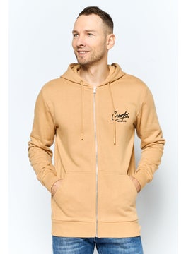 Men Hooded Brand Logo Long Sleeves Sweatshirt, Tan