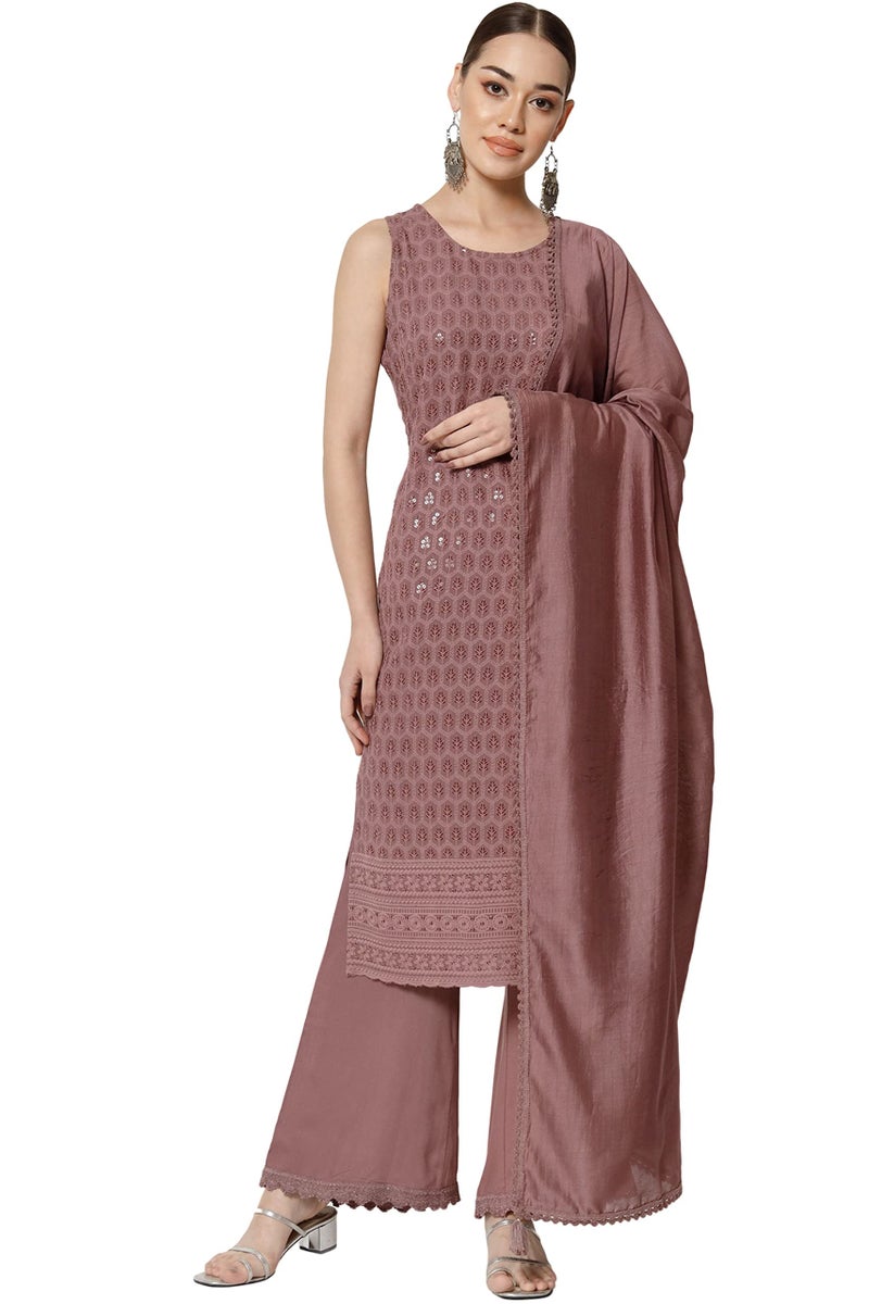 SHOPPING QUEEN Women's Rayon Chikankari Lucknowi Kurta Palazzo with Dupatta Set (A472_Onion_2XL) - Image 1