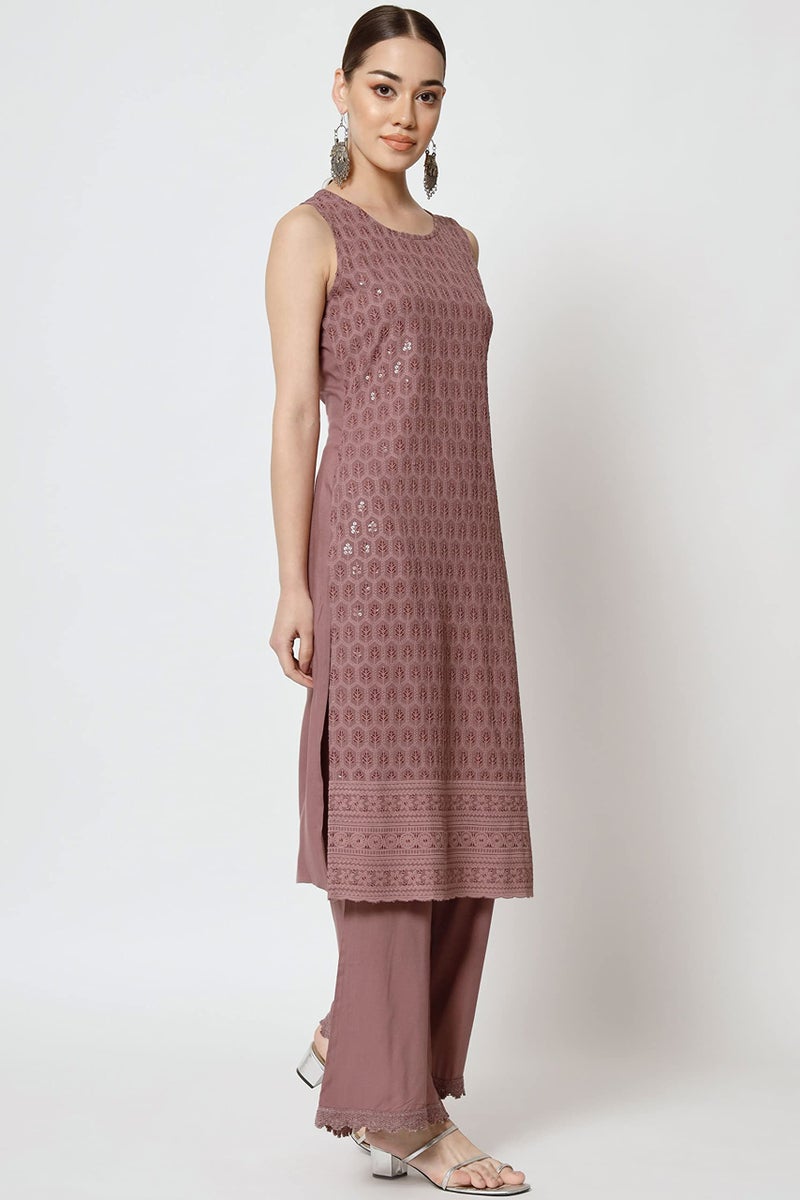 SHOPPING QUEEN Women's Rayon Chikankari Lucknowi Kurta Palazzo with Dupatta Set (A472_Onion_2XL) - Image 4