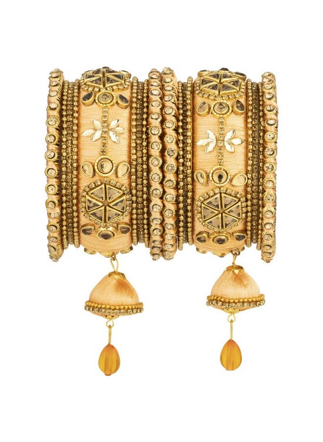 Aheli - Royal Design Faux Stone Studded Silk Thread Bangle Chudha Set With Jhumki Tassel Hangings Indian Wedding Wear Fashion Jewelry For Women - Image 1