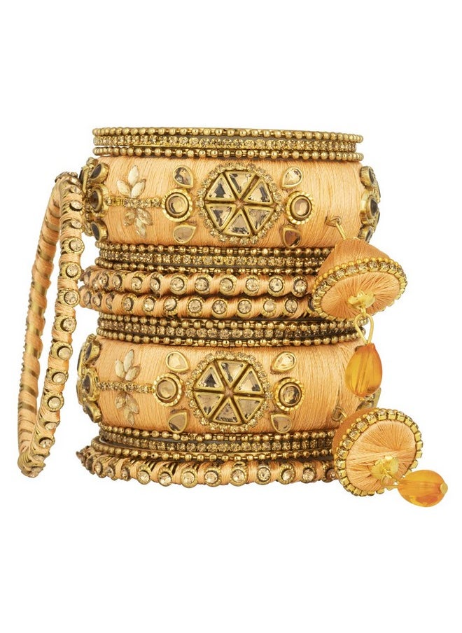 Aheli - Royal Design Faux Stone Studded Silk Thread Bangle Chudha Set With Jhumki Tassel Hangings Indian Wedding Wear Fashion Jewelry For Women - Image 1