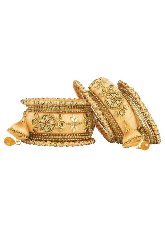 Aheli - Royal Design Faux Stone Studded Silk Thread Bangle Chudha Set With Jhumki Tassel Hangings Indian Wedding Wear Fashion Jewelry For Women - Image 1