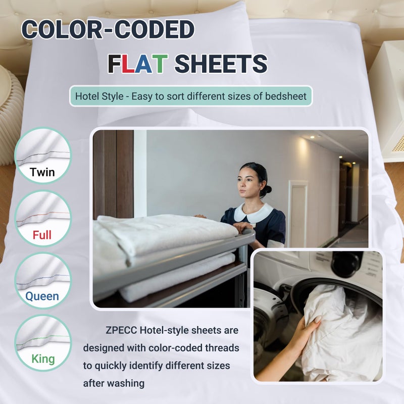 ZPECC White Bulk Flat Sheets Only King Size 6 Pack, Easy Sort Top Bed Sheet by Color-Coded Hem Threads, Soft Durable Brushed Microfiber Fabric Hotel Airb&bs Essentials for Hosts, 105"x102" - Image 3