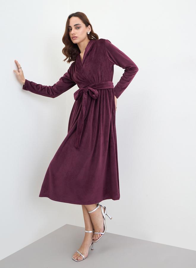 Styli Magenta Velvet Look A-Line Midi Dress - Image 1