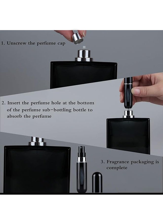 4Pcs Refillable Perfume Atomizer Bottles，Portable Empty Mini Spray Bottle for Perfume, Cologne, Liquid Sprayer, Rotating Design Use Aluminum Shell And Glass，Travel and Outings Spray Boxes Dispensers Liner Includes Liquid Dispensing Tool 5ml 0.2oz Black