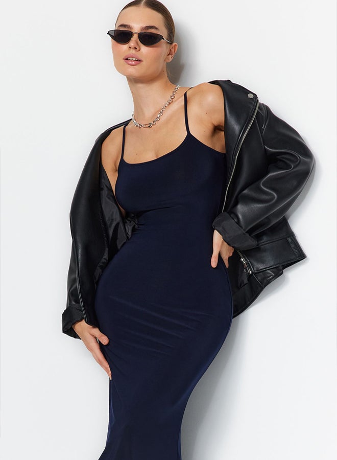 trendyol Navy Blue Fitted Strappy Flexible Maxi Knitted Pencil Dress TWOSS23EL02435 - Image 1