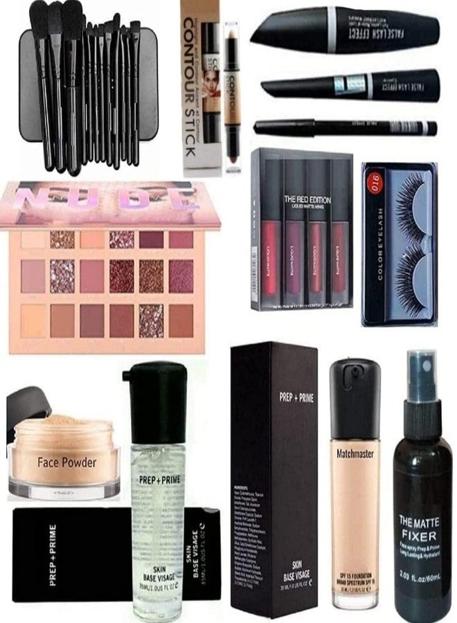 HD Waterproof Makeup Kit Combo for Women & Girls | 15-in-1 Complete Beauty Set with Eyeshadow Palette, 12 Makeup Brushes, Foundation, Primer, Kajal, 3-in-1, Eyelashes, Loose Powder & Makeup Fixer | Red Edition - Image 1
