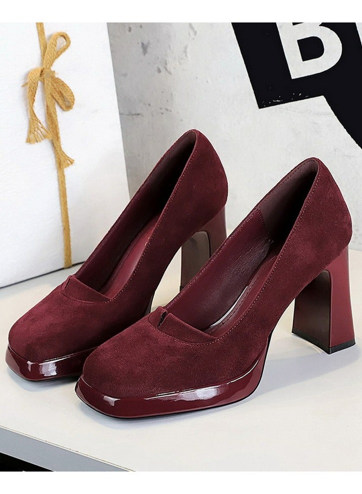 BIGTREE Womens Suede Platform Chunky High Heel Square Closed Toe Pumps Red 9CM - Image 1