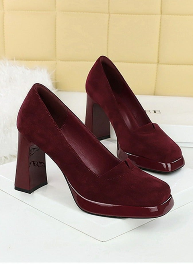 BIGTREE Womens Suede Platform Chunky High Heel Square Closed Toe Pumps Red 9CM - Image 2