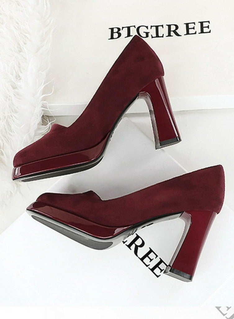 BIGTREE Womens Suede Platform Chunky High Heel Square Closed Toe Pumps Red 9CM - Image 3