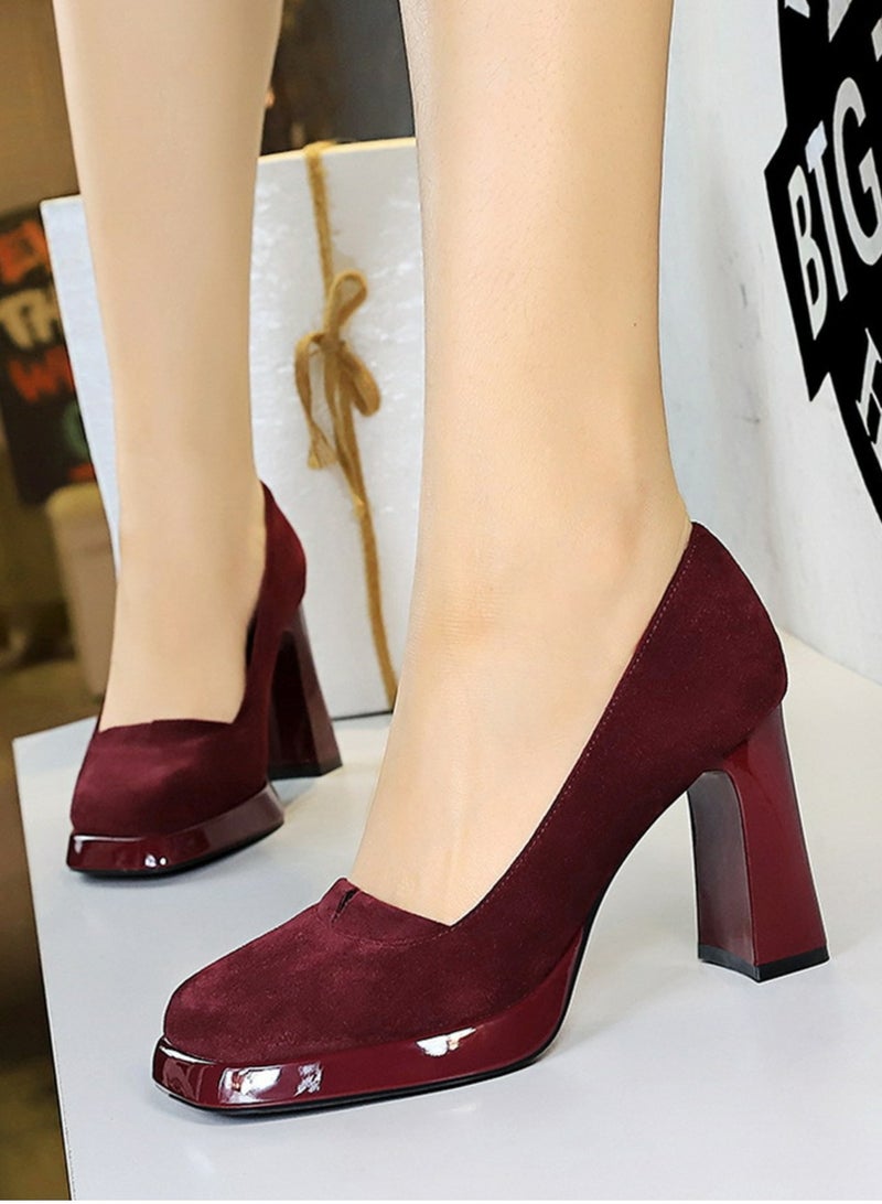 BIGTREE Womens Suede Platform Chunky High Heel Square Closed Toe Pumps Red 9CM - Image 4