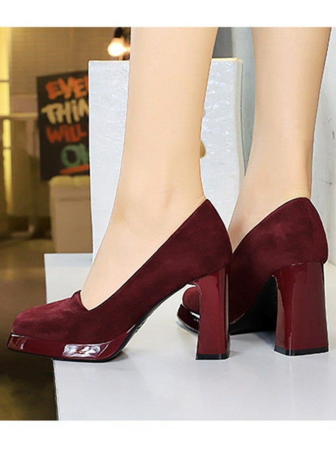 BIGTREE Womens Suede Platform Chunky High Heel Square Closed Toe Pumps Red 9CM - Image 5