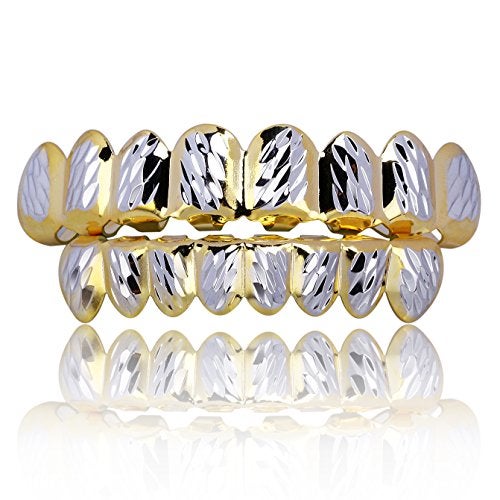 JINAO Grillz for Men Women 18K Gold Plated Gold Finish 8 Top Teeth 8 Bottom Tooth Hip Hop Mouth Grills for Your Teeth Costume Accessories(Gold & Silver) - Image 1