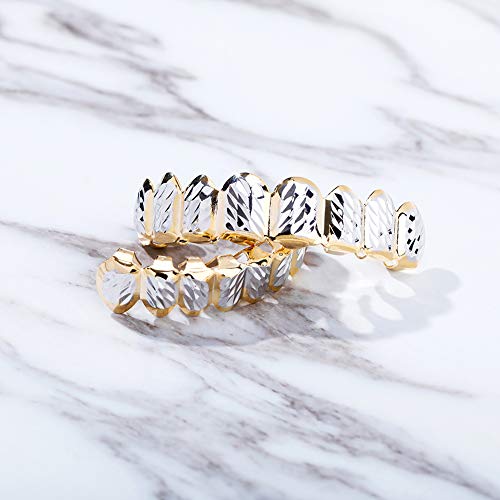 JINAO Grillz for Men Women 18K Gold Plated Gold Finish 8 Top Teeth 8 Bottom Tooth Hip Hop Mouth Grills for Your Teeth Costume Accessories(Gold & Silver) - Image 3