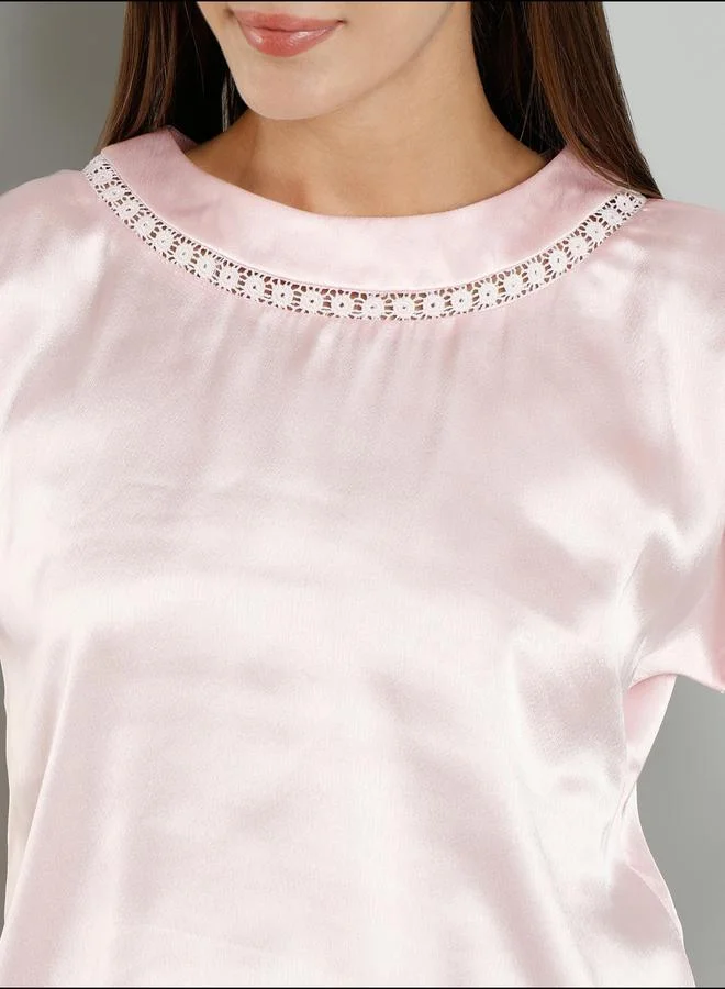 ميش Mish Satin Short Sleeve Top with Lace Detail