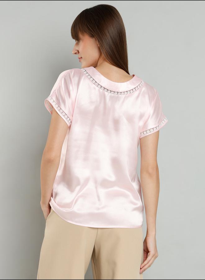 Mish Satin Short Sleeve Top with Lace Detail - Image 5