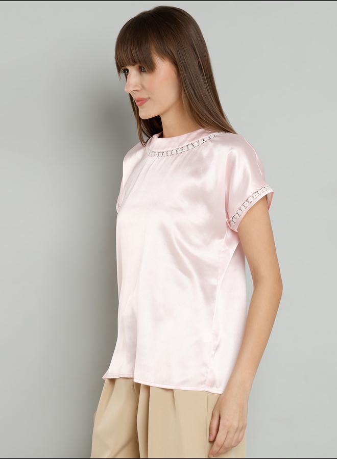 Mish Satin Short Sleeve Top with Lace Detail - Image 4