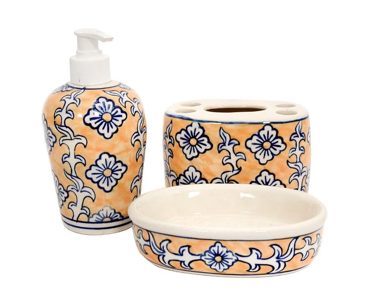 SKYWALK Hand Painted Ceramic Bathroom Set of 3 Pieces - Liquid Soap Dispenser, Soap Dish and Brush Holder for Bathroom Décor and Home Gift Set