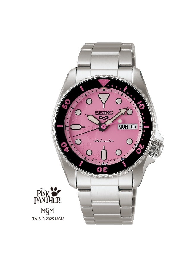 سيكو 5 Sports Limited Edition Pink Panther Collaboration Women’s Watch SBSA321, 38mm Pink Dial, Silver Stainless Steel Case & Bracelet, Automatic Movement, 100 m WR - Image 2