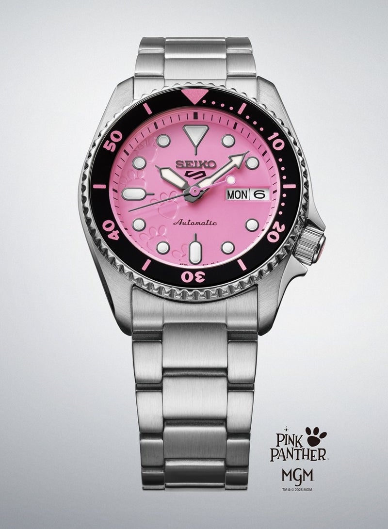 سيكو 5 Sports Limited Edition Pink Panther Collaboration Women’s Watch SBSA321, 38mm Pink Dial, Silver Stainless Steel Case & Bracelet, Automatic Movement, 100 m WR - Image 1